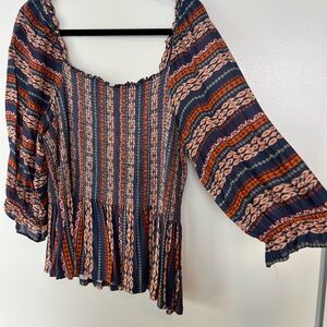 Chic Striped Boho Blouse in Blue and Orange